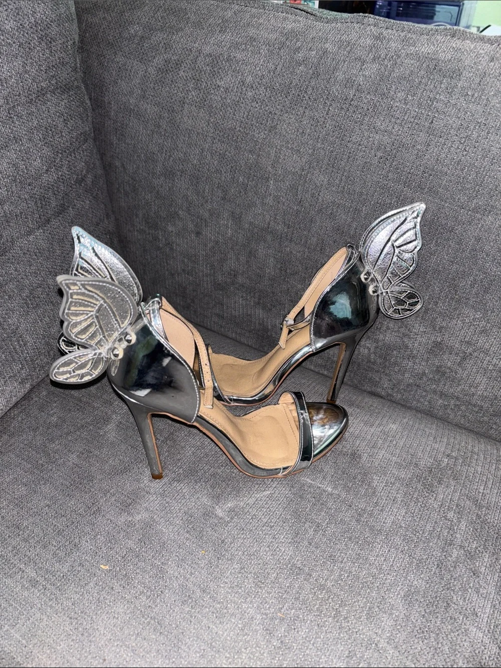Windsor Silver Butterfly Wing Stiletto Heels - Women's Dress Sandals 7 EUC